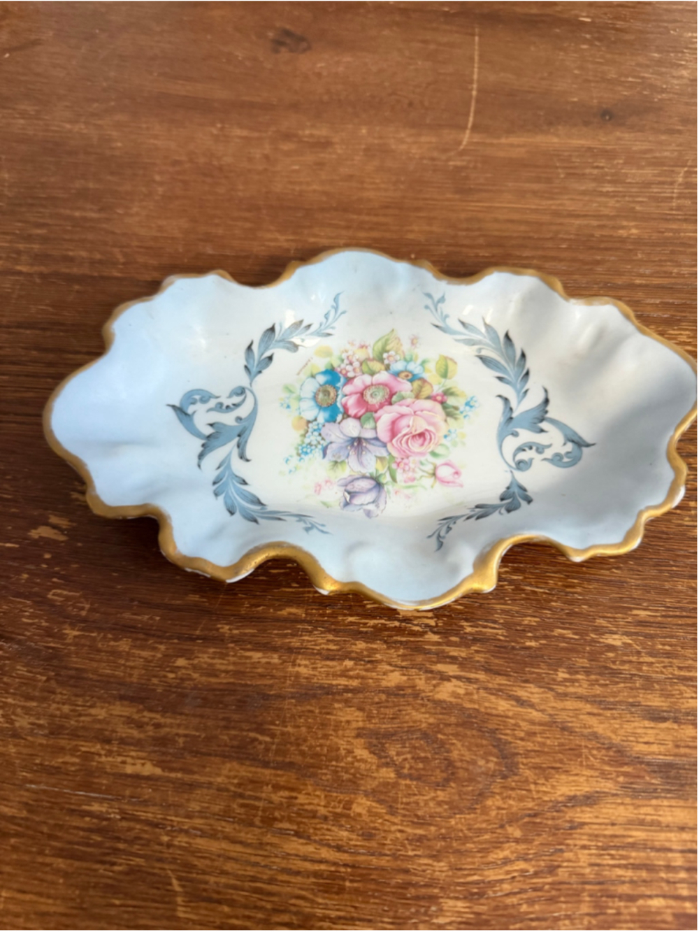 Vintage Limoges France Porcelain Floral Scalloped Dish Gold Trim Hand Painted